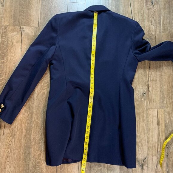 Vintage 80s 90s Double Breasted Navy Blue Wool Structured Long Blazer - Picture 13 of 13